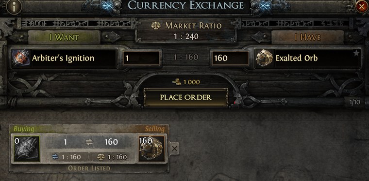 Placing a buy order for one Arbiter's Ignition at 160 Exalted Orbs.