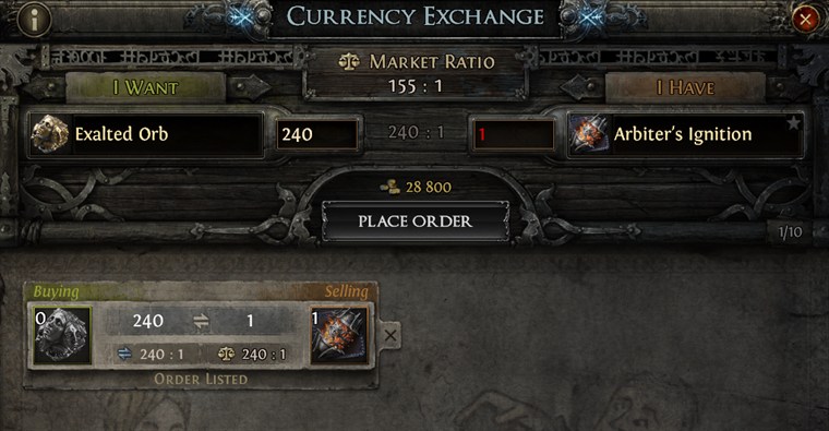 After the buy filled, listing the same Arbiter's Ignition to sell for 240 Exalted Orbs.