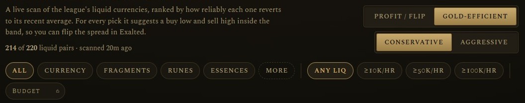 The scanner's objective and risk toggles above the category, liquidity, and budget filters.