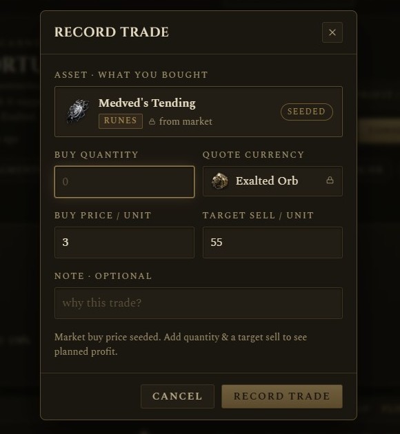 The seed-trade dialog opened from a scanner pick, pre-filled with its buy and target sell prices.
